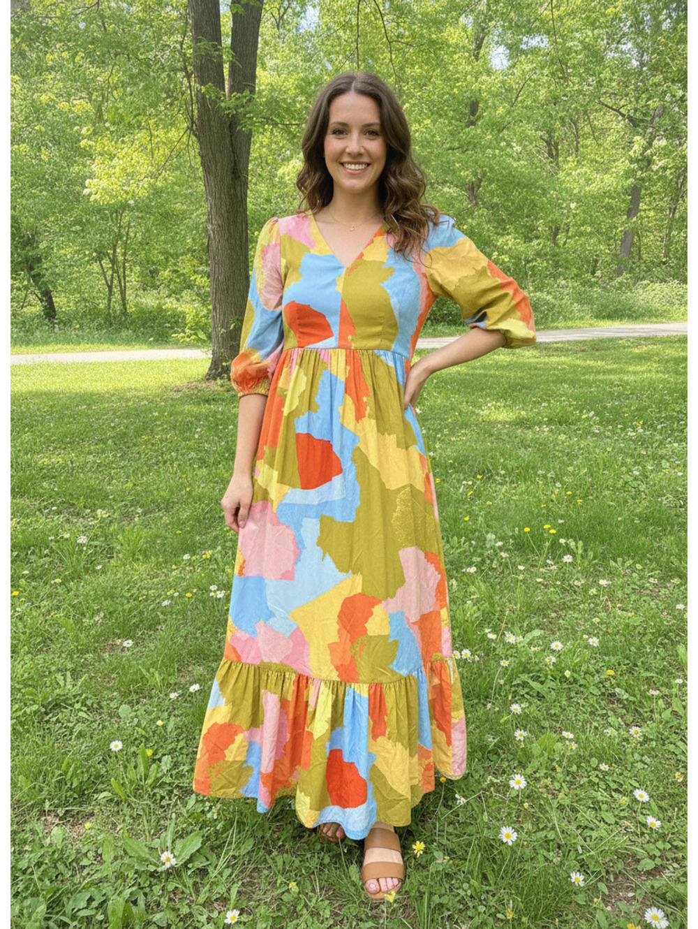 Donna Morgan Multi Color Puff Sleeve Maxi Dress Size 2